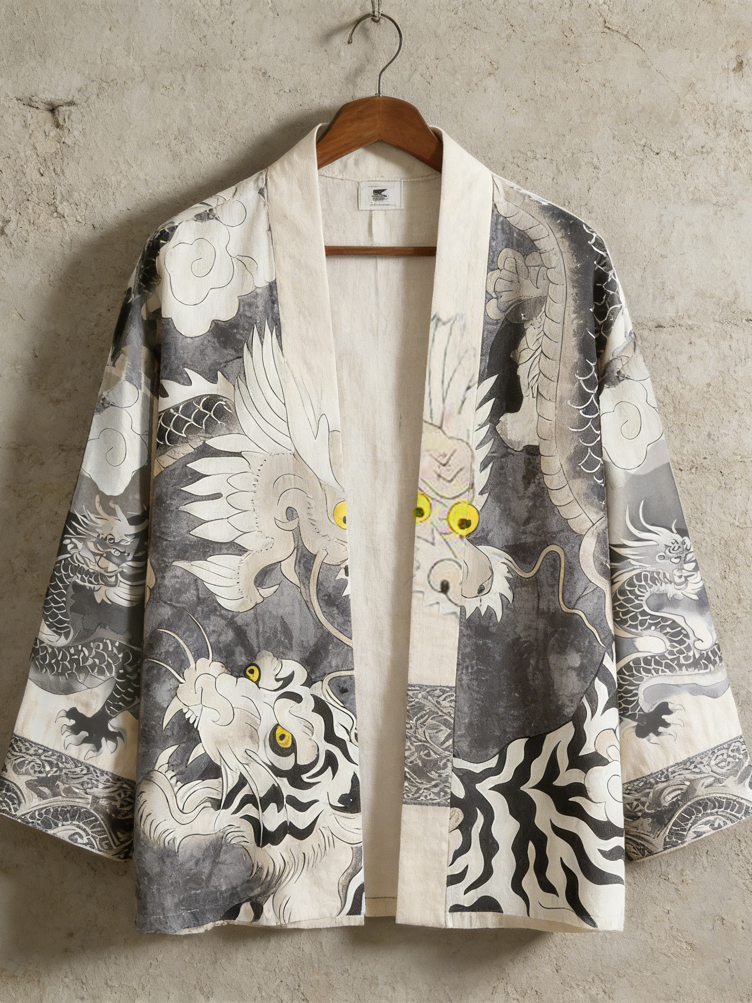 Men's Retro Dragon And Tiger Fight Print Linen Kimono Cardigan