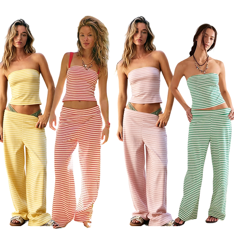 Women's Striped Crop Top & Wide Leg Pants Set
