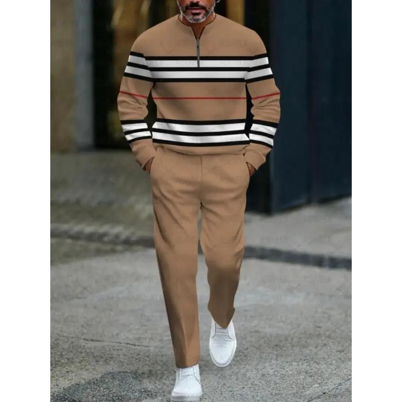 Men’s 2-Piece Khaki Casual Sports Set – Soft Knit Fabric, Contrast Stripe Design