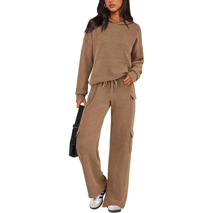 Women's Fall Knitted Hoodie Tracksuits Wide Leg Pants With Pocket Sets