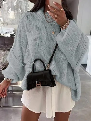 ✨Womens Oversized Mock Neck Batwing Long Sleeve Ribbed Knit Casual Tunic Sweater🔥