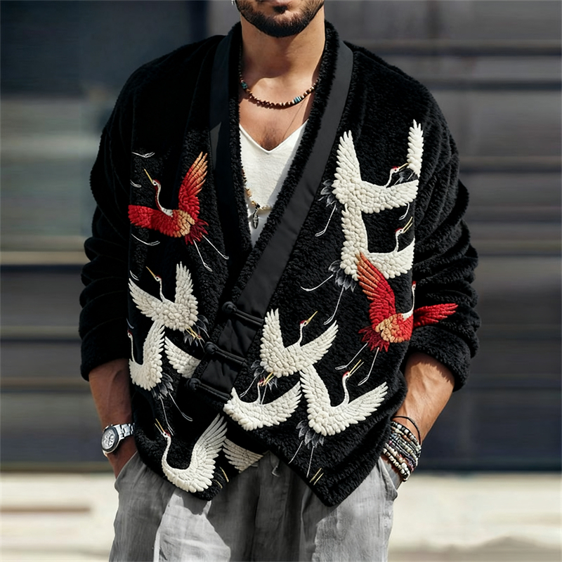 Men's Japanese Cranes Embroidered Cozy Fleece Kimono Cardigan