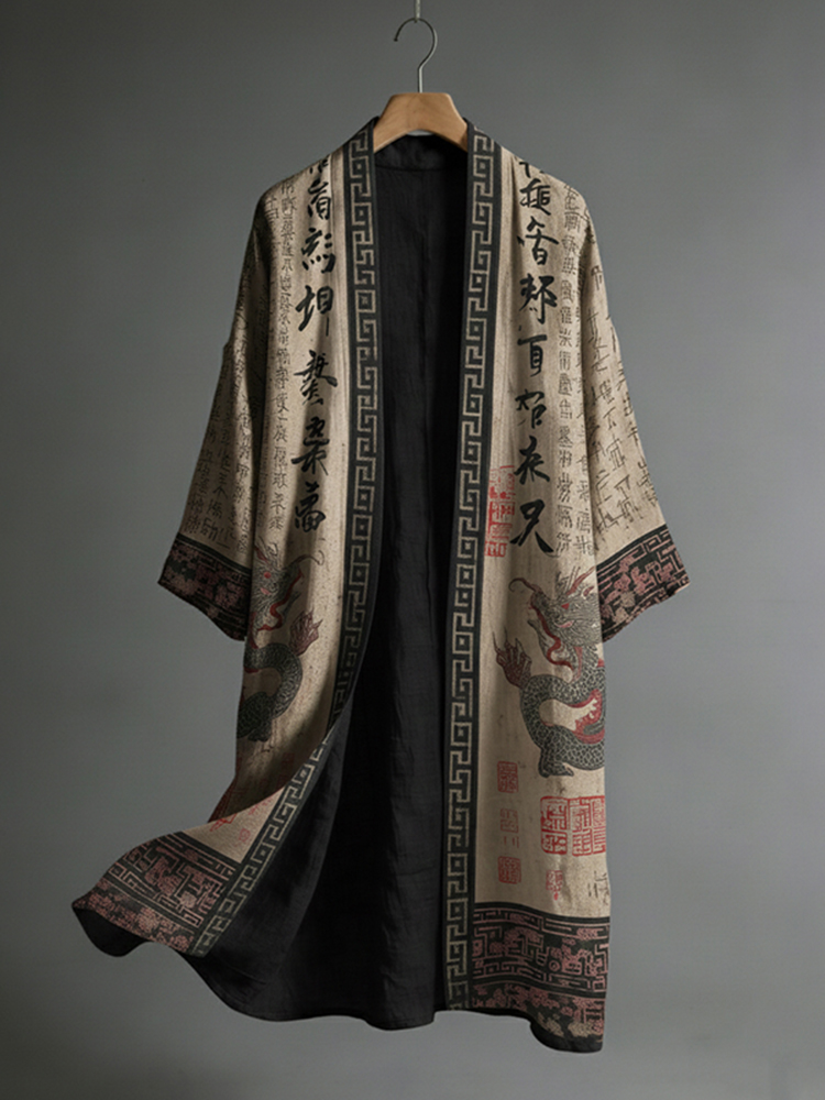 Men's Japanese Dragon Pattern Calligraphy And Painting Art Linen Long Kimono