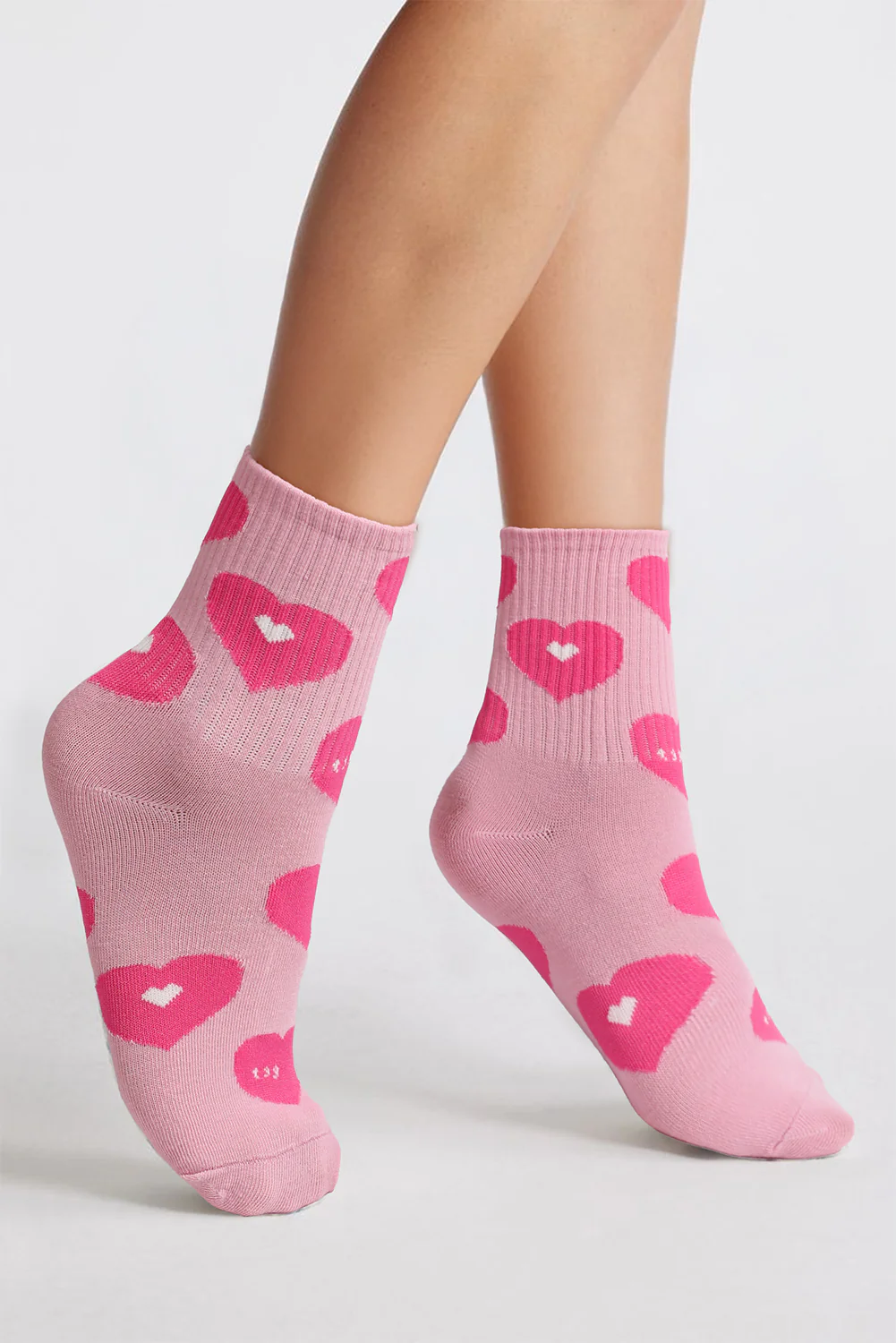 Light Pink Heart Print Ribbed Trim Soft Crew Socks