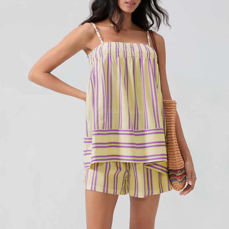 Outdoorfun Women Shorts Set, Striped Camisole with Elastic Waist Shorts Summer Outfit Sleeveless Fashion Womenswear Gorgeous Tops Clothes