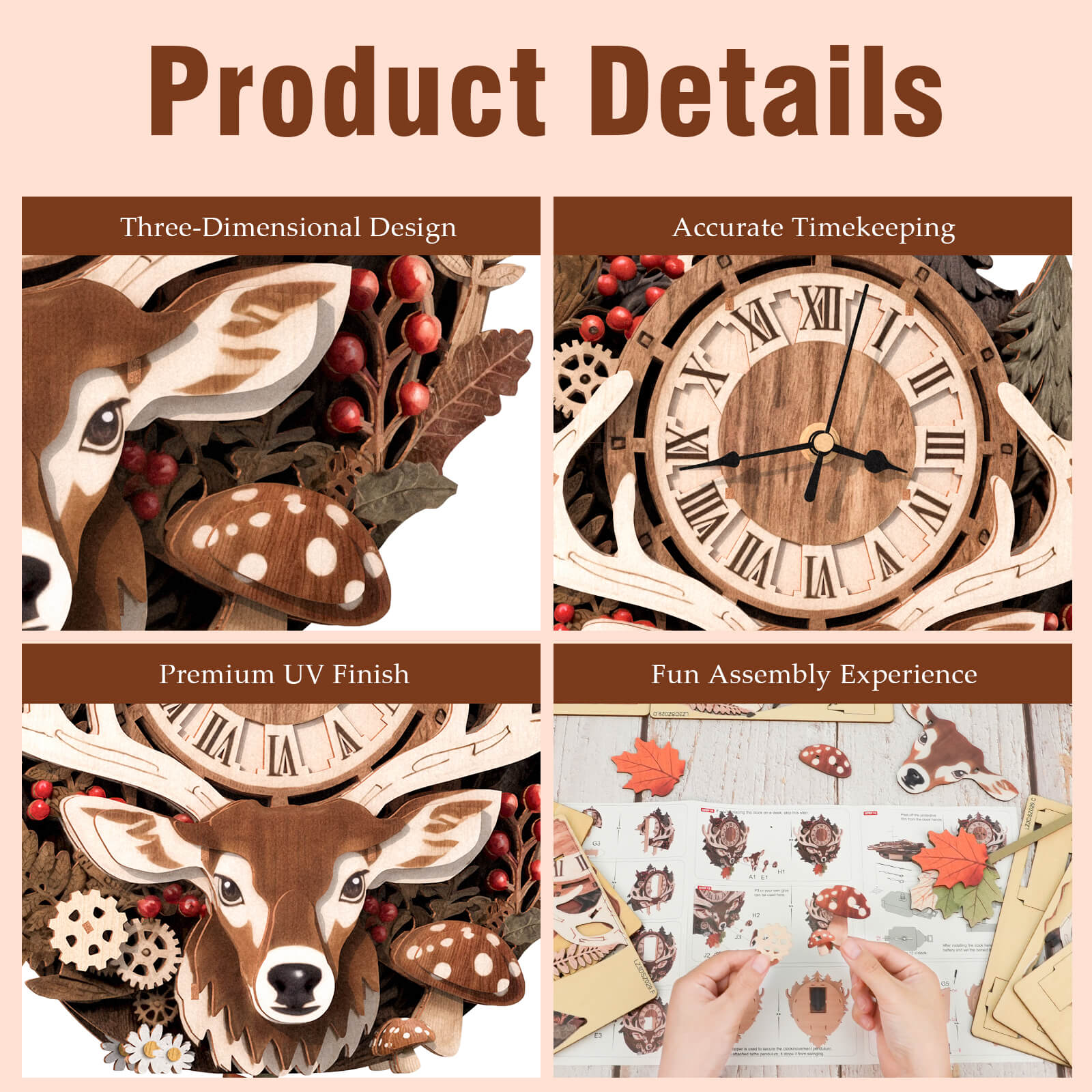 Reindeer– DIY Wooden Clock, 3D Puzzle Craft Kit