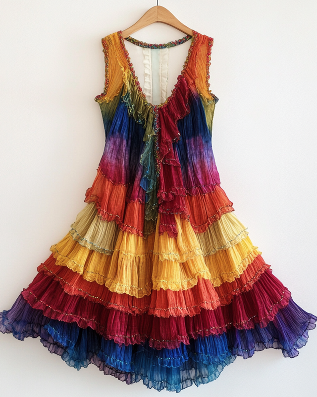Rainbow Tie-Dye Ruffle Beaded Sleeveless Dress  63f5