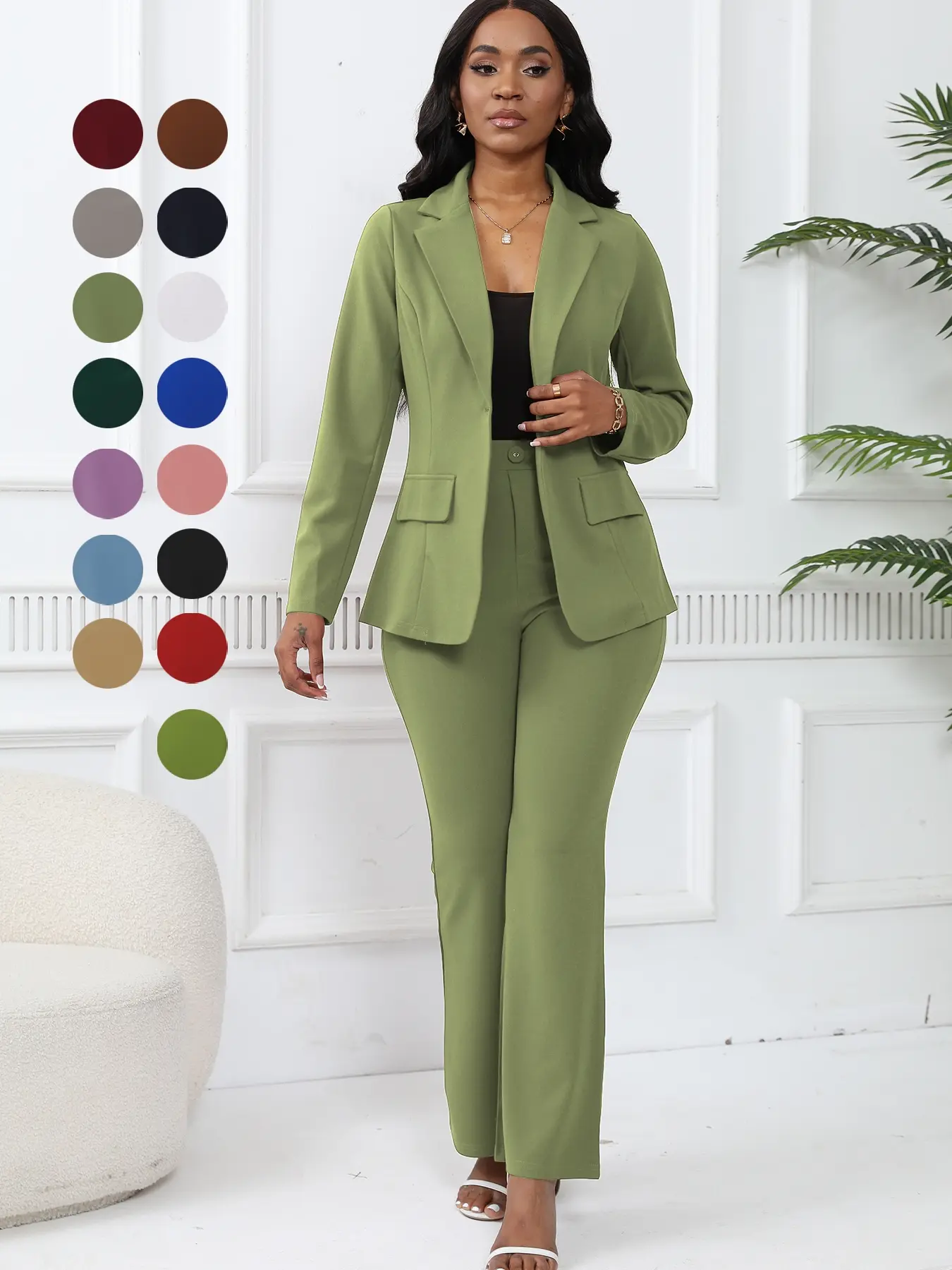 Women's Two-Piece Set Plain Button Lapel Blazer & Suit Pants