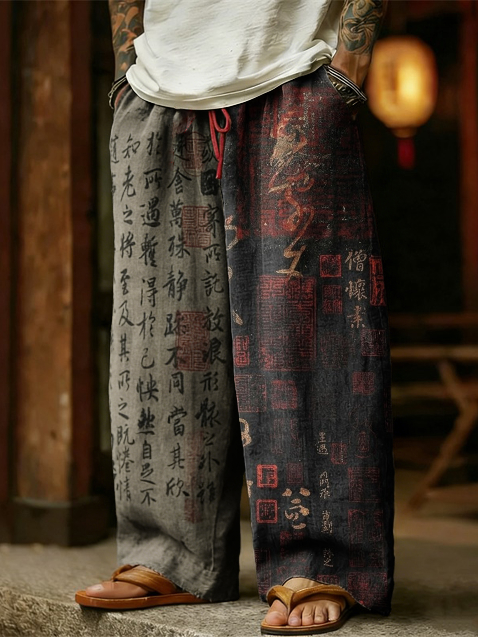Men's Retro Calligraphy Art Contrast Color Design Linen Pants