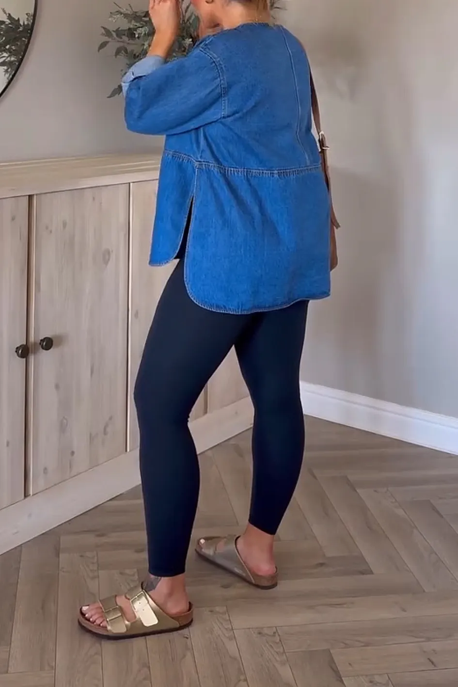 Denim Top And Yoga Pants And Striped Trousers