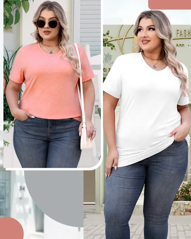 Short Sleeve Shirts for Women Casual V-Neck Plain Tees - Set of 8, Various Color Combinations, Curved Hem Comfort Womenswear