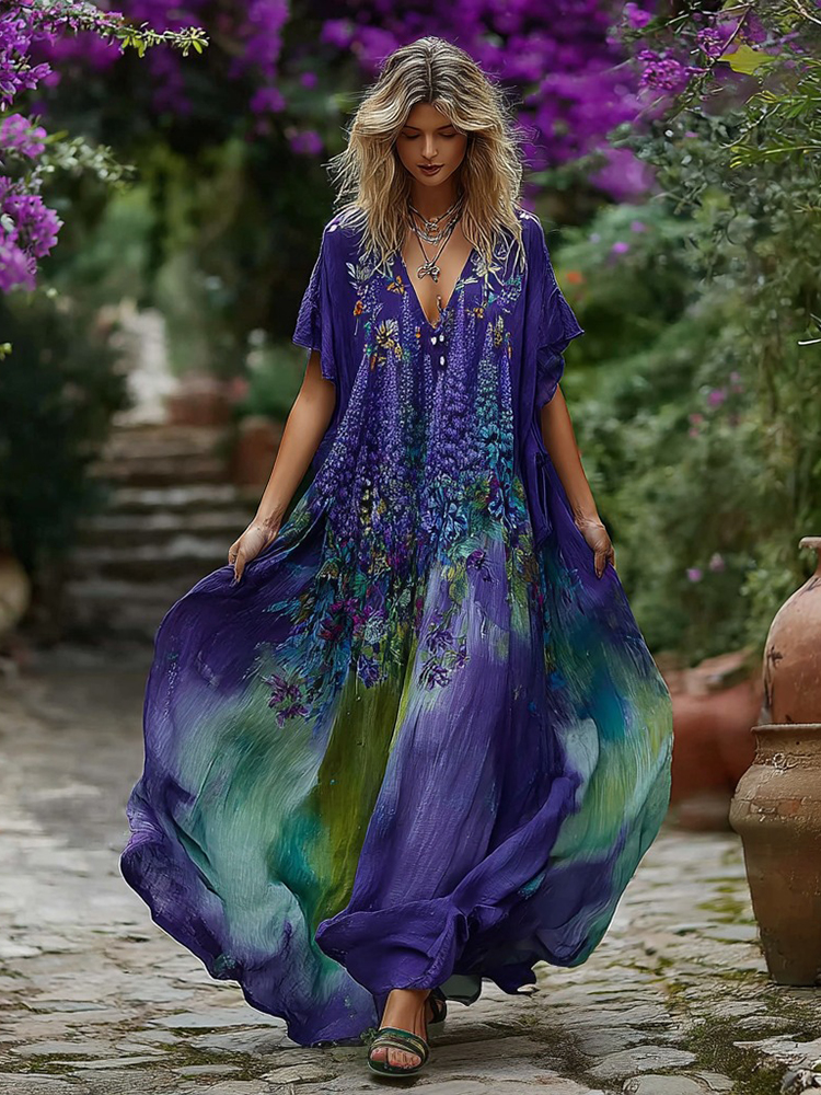 Women's Vintage Lupine Gradient Pattern V-neck Dress