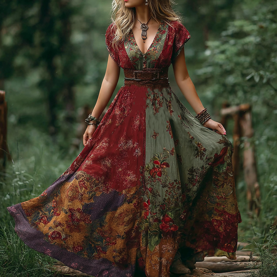 Bohemian Style Retro Floral Pattern Women's V-neck Dress
