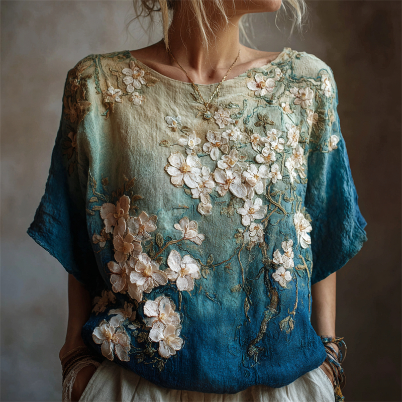 Oil Painting Almond Blossom Embroidered Gradient Linen Tunic
