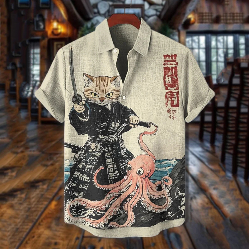Men's Japanese Art Octopus Cat Warrior Print Short Sleeve Shirt