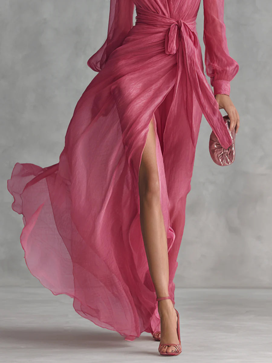 Elegant Rose Pink Chiffon V-neck Tie-waist Long Dress