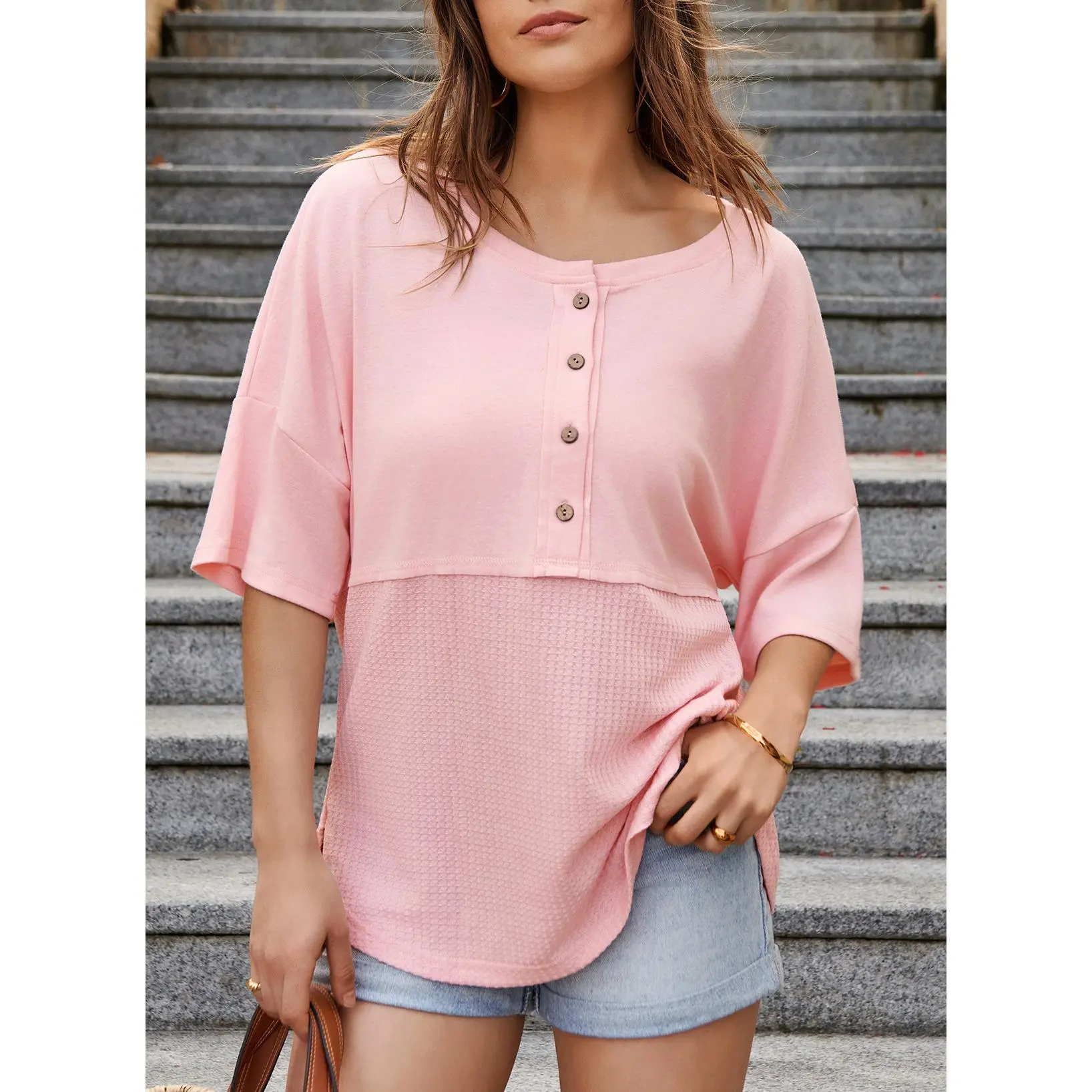 Women’s Waffle Knit Oversized Casual Blouse – 3/4 Sleeve