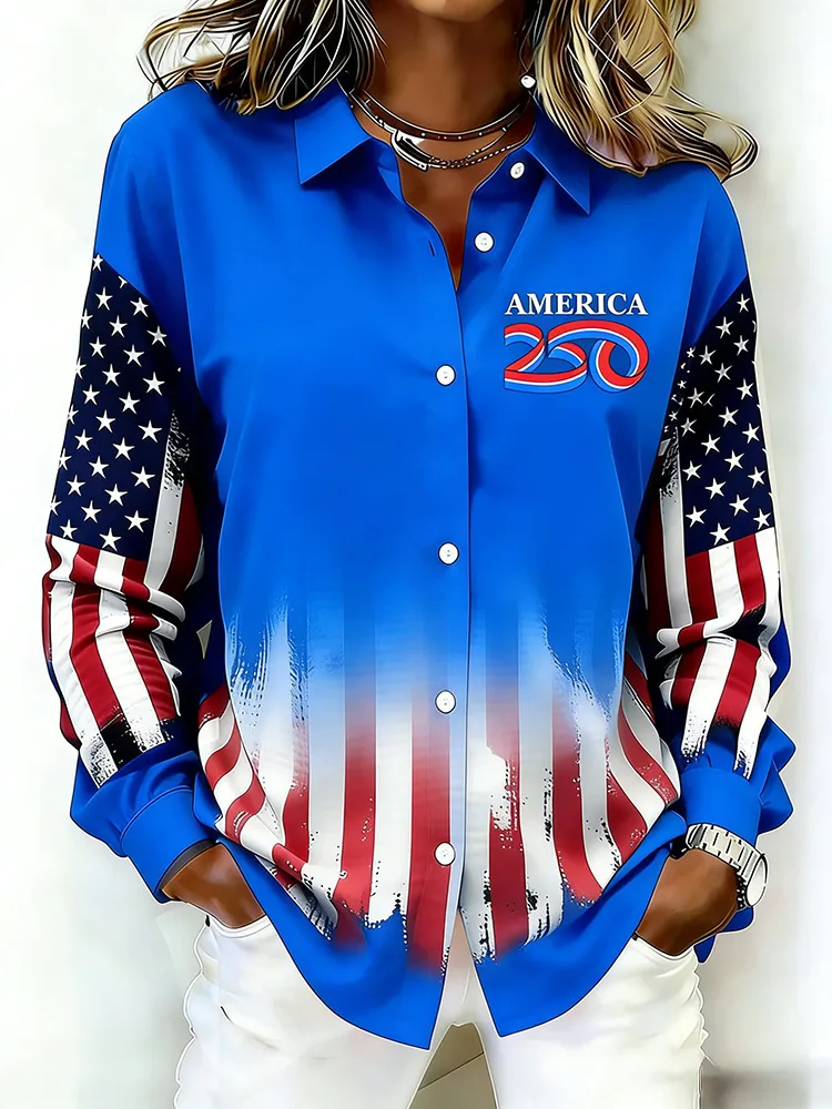 Ladies' Casual 250Th Anniversary Celebration Lapel Button Up Shirt