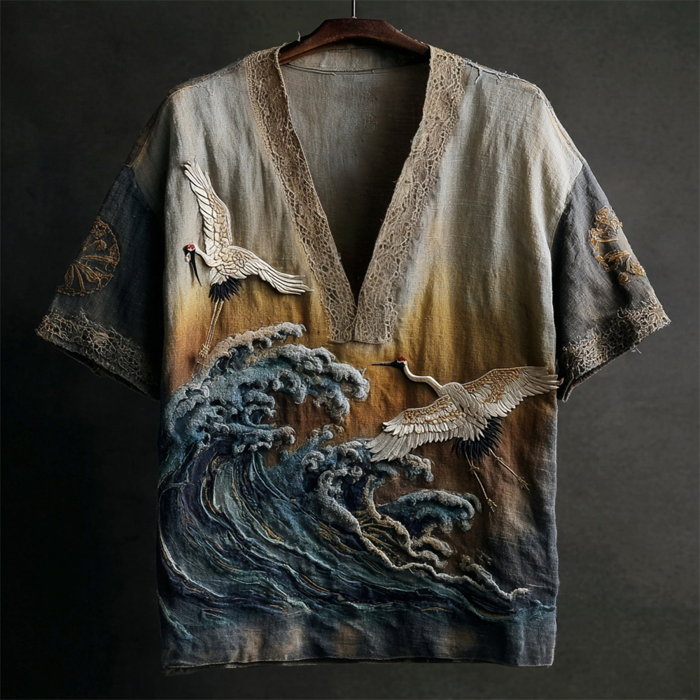 Japanese Embossed Crane Vintage Art Men's Linen V-neck Shirt