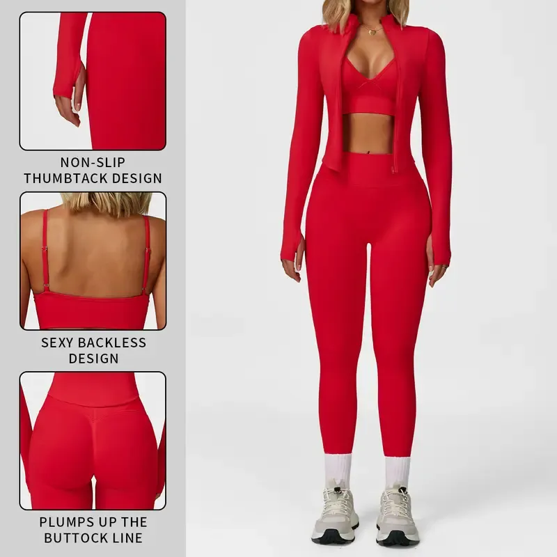 Women's tank top, high-waisted leggings, and zip-up jacket 3-piece sportswear set.