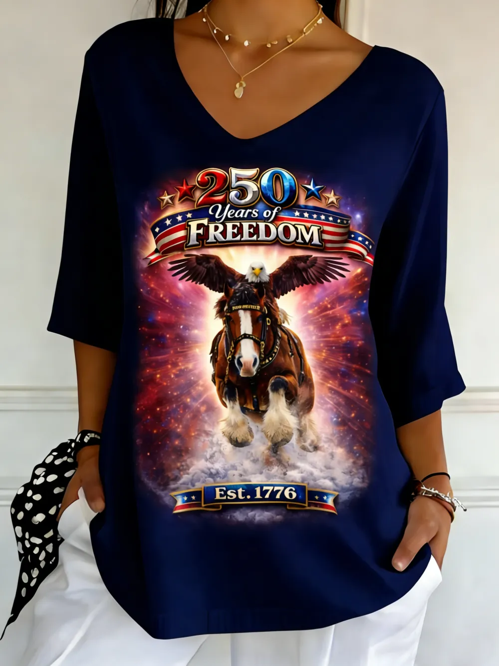 250 Years Of Freedom Patriotic Bald Eagle Clydesdale Horse 1776 Graphic V-Neck Top