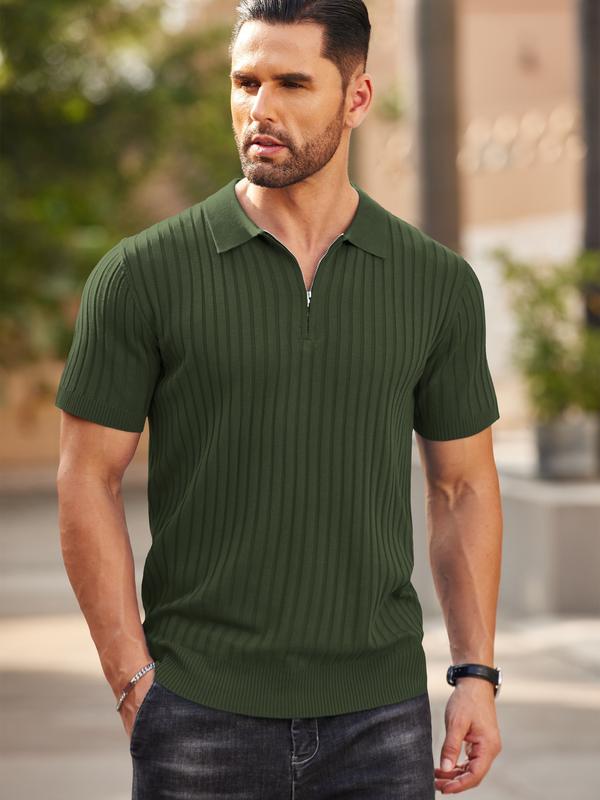 Men's Zipper Polo Shirts Short Sleeve Ribbed Knit Polo T Shirts Fashion Casual Golf Shirts