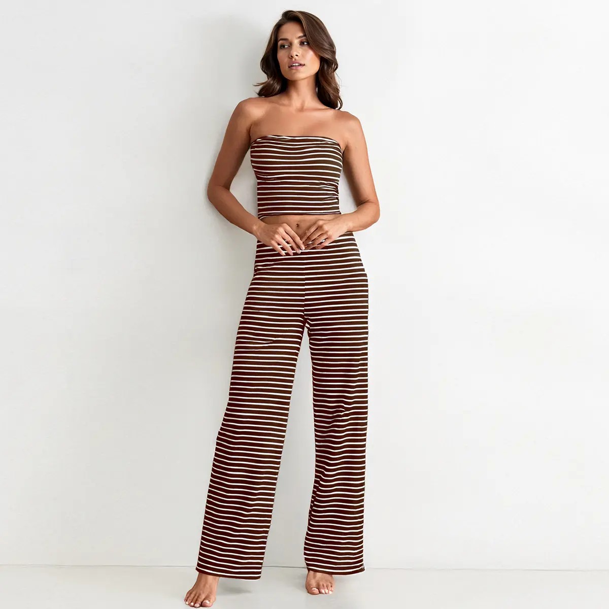 Women's Chic Color Matching Stripe Slim Tube Top & Low-Rise Wide Leg Trousers Co-ord, Soft Spring & Summer Holiday Outfits