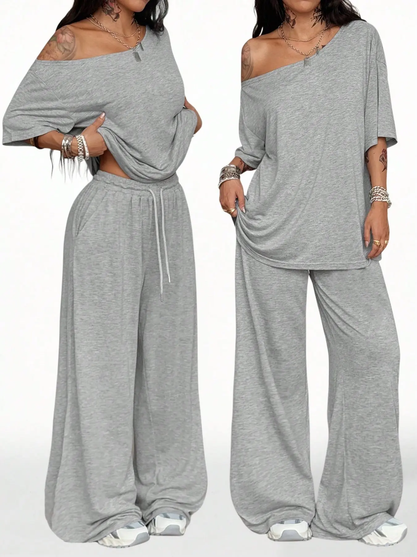 Women's Casual Solid Color Sport Two-Piece Set, Loose Long Pants & Wide Leg Slant Neck Pant Suit, Spring & Fall Fashion