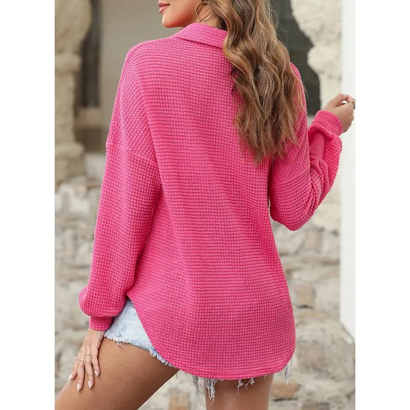 Women's Oversized Henley Waffle Shirts Tops