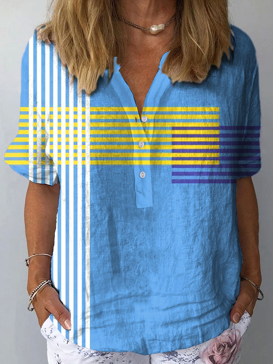 Women's Colorful Abstract Geometric Stripes Art Print Casual Cotton And Linen 3/4 Sleeve Shirt