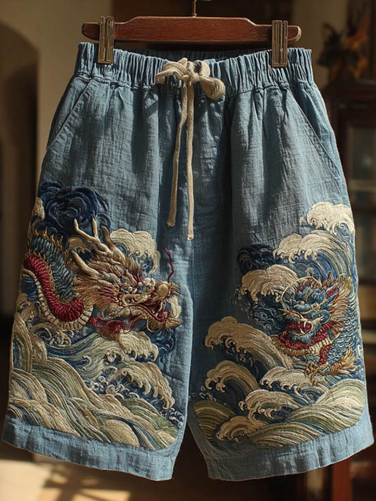 Men's Japanese Dragon Art Linen Casual Shorts