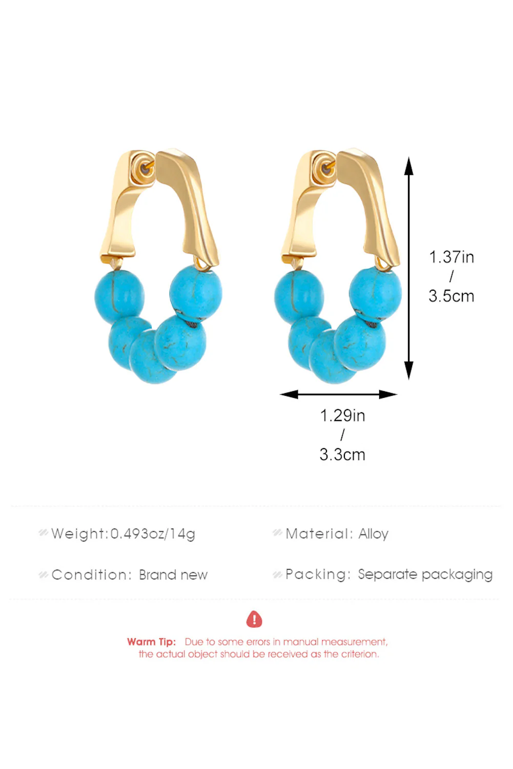 Gold Turquoise Bead Plated Alloy Hook Earrings