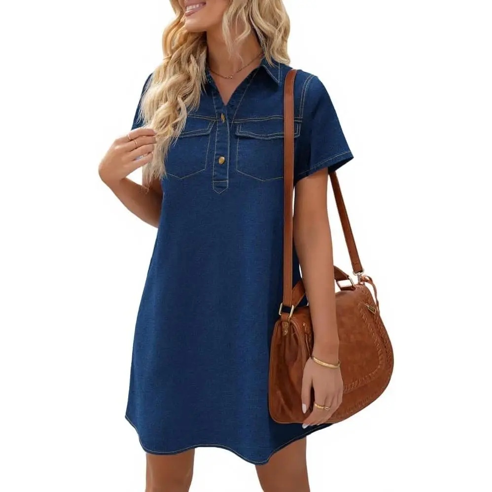 Women's Short Sleeve Denim Dress Button Down Collared Loose Fit Summer Casual Jean Shirt Mini Dresses