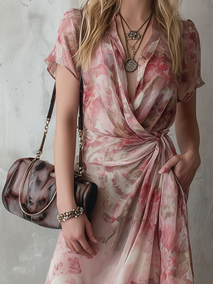 Romantic pink floral chiffon wrap dress with short sleeves