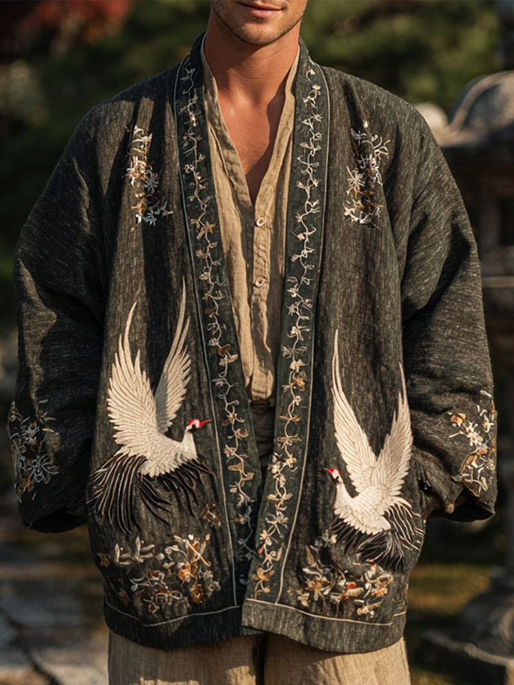 Japanese Cranes With Floral Art Linen Blend Kimono Cardigan