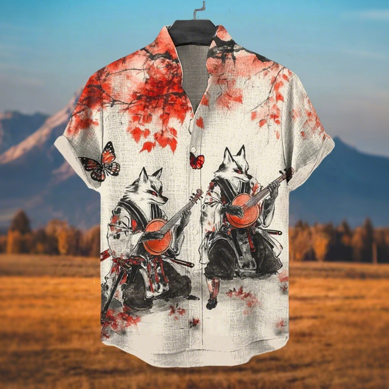 Men's Fox Swordsmen Playing Instrument Under The Maple Tree Art Print Casual Shirt