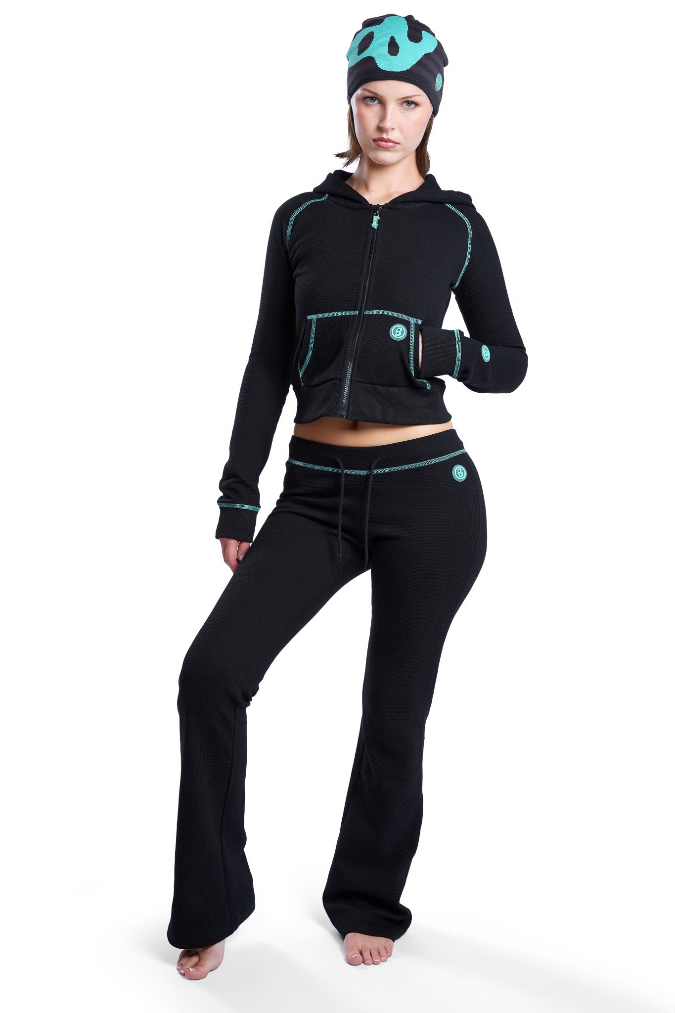 WAFFLE KNIT BOOT CUT PANTS (BLACK/TIFFANY BLUE)