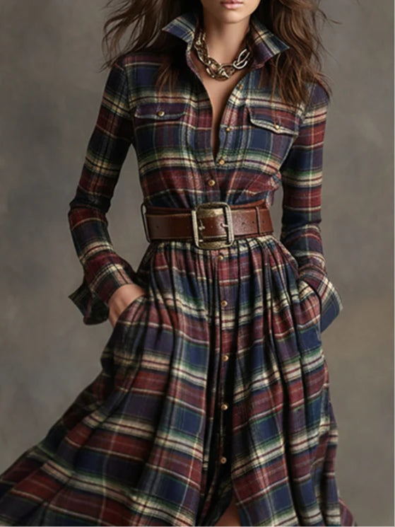 Retro plaid lapel long-sleeved maxi dress (including belt)