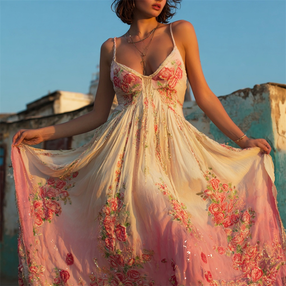 Boho Vintage Floral Sequin Embroidery Women's Spaghetti Strap Maxi Dress