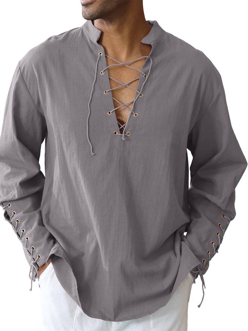 Men's cotton and linen shirt with drawstring sleeves