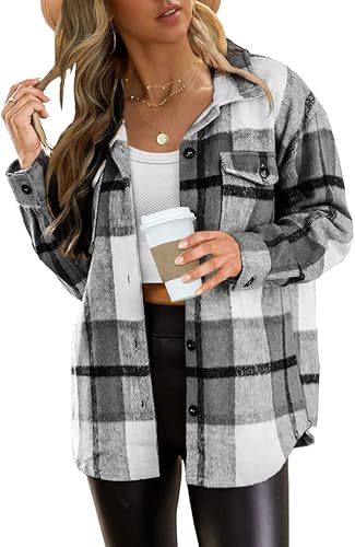 Plus Size Plaid Flannel Shacket – Long Sleeve Button-Down Jacket for Fall & Winter