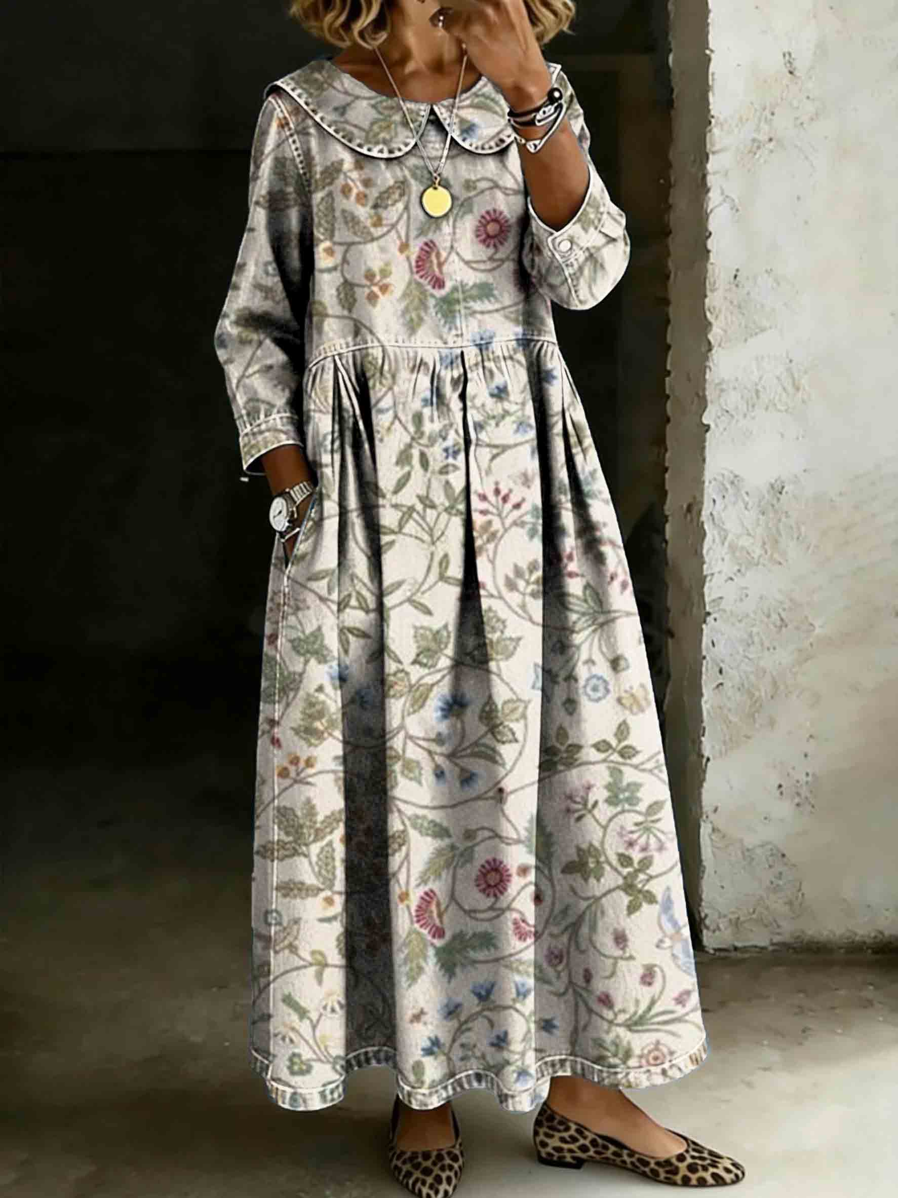 Women's Vintage Floral Art Print Lapel Collar Pleated Long Sleeve Casual Loose Denim Dress