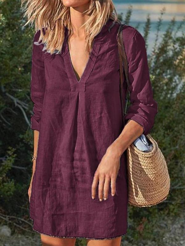 Women's Cotton Linen Solid Color V-neck Mid-length Casual Long-sleeved Dress