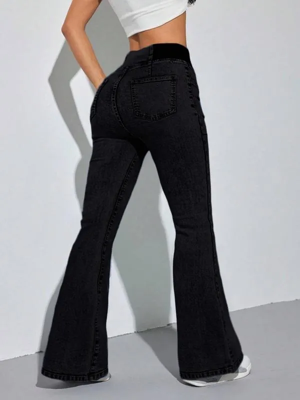 Women's Back Shirred Jeans, Mid - Rise Elasticity Waist Flared Jeans