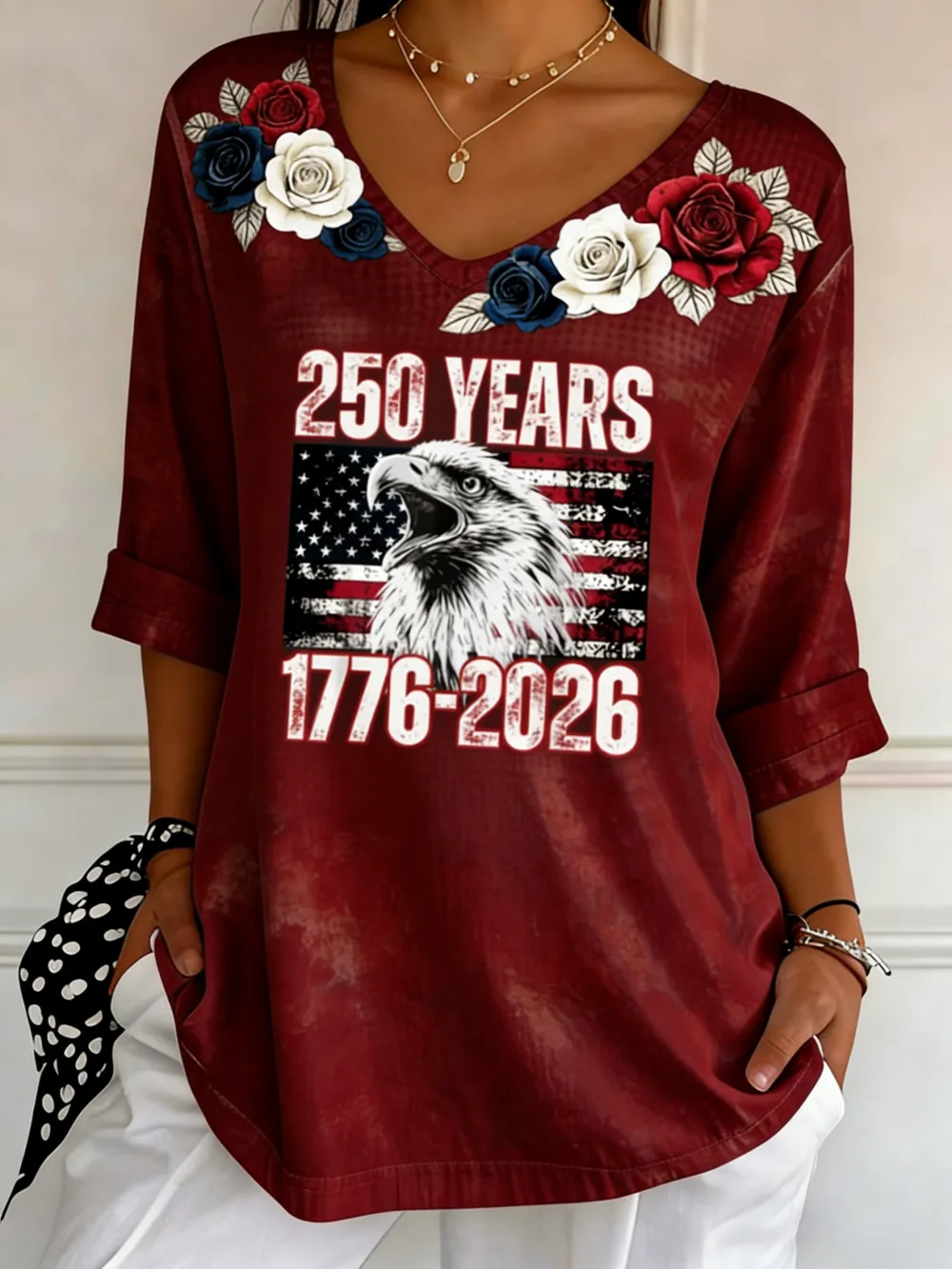 250 Years 1776-2026 Eagle Rose V-Neck Top