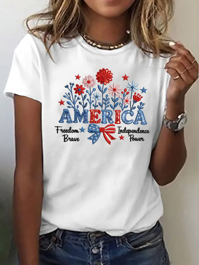 America Freedom Floral Graphic Tee with Patriotic Bow