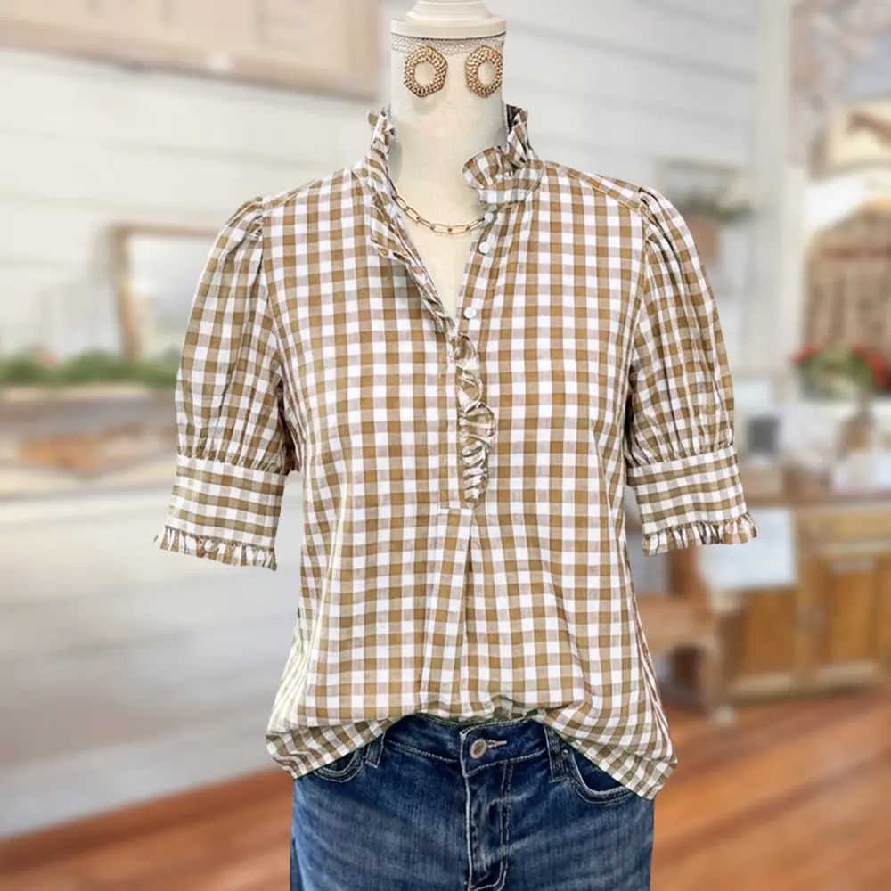 🌿 Women's Vintage Gingham Puff Sleeve Blouse