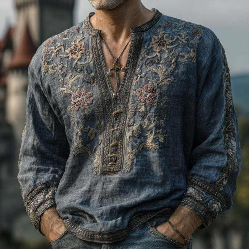 Men's Vintage Floral Embroidered Comfy Linen Shirt