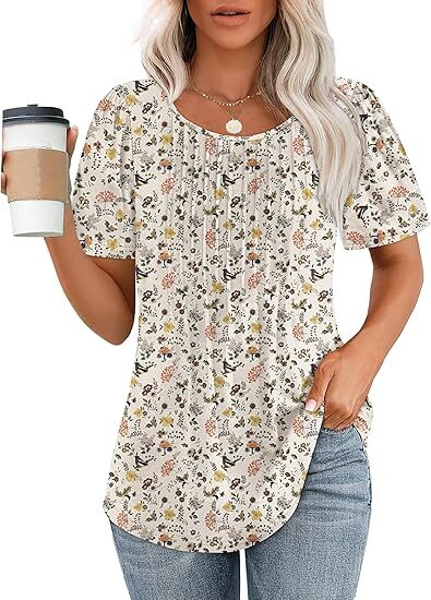 🔥Last day promotion🔥Womens T Shirts Short Sleeve Pleated Dressy Casual Scooped Neck Summer Tops Blouses