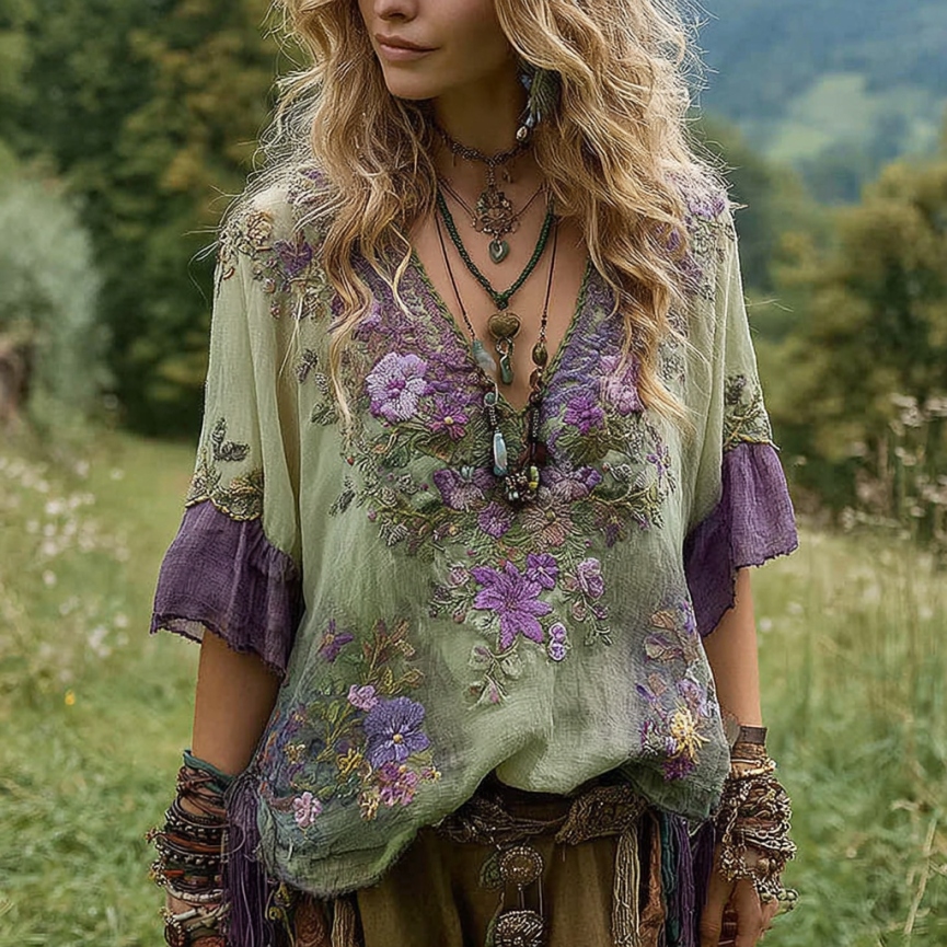 Women's Vintage Floral Embroidery Art V Neck Linen T-shirt